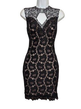 ALT. B Lace Dress Black Nude Sheath Floral Wave Print Keyhole Cocktail Mini M